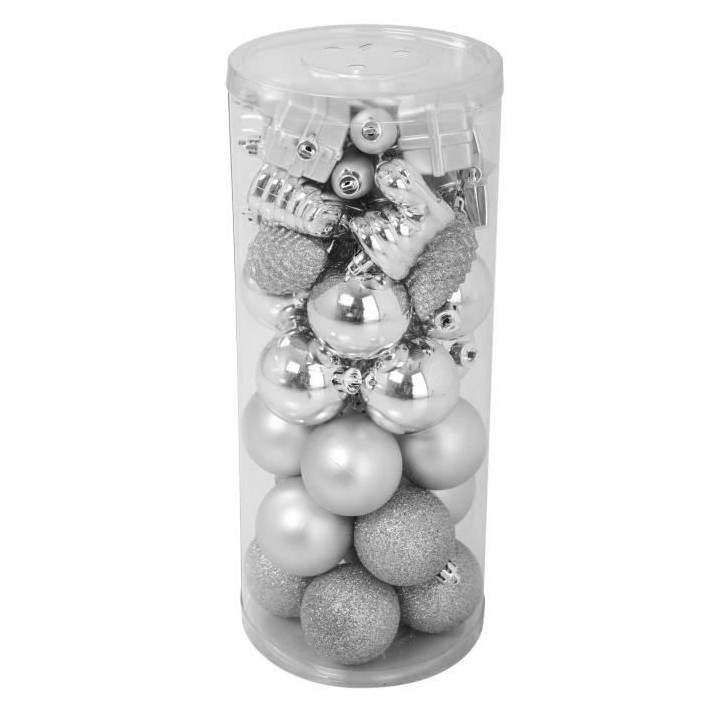 Lot de 20 boules de Noël + 20 suspensions de Noël - Ø 6 cm - Argent