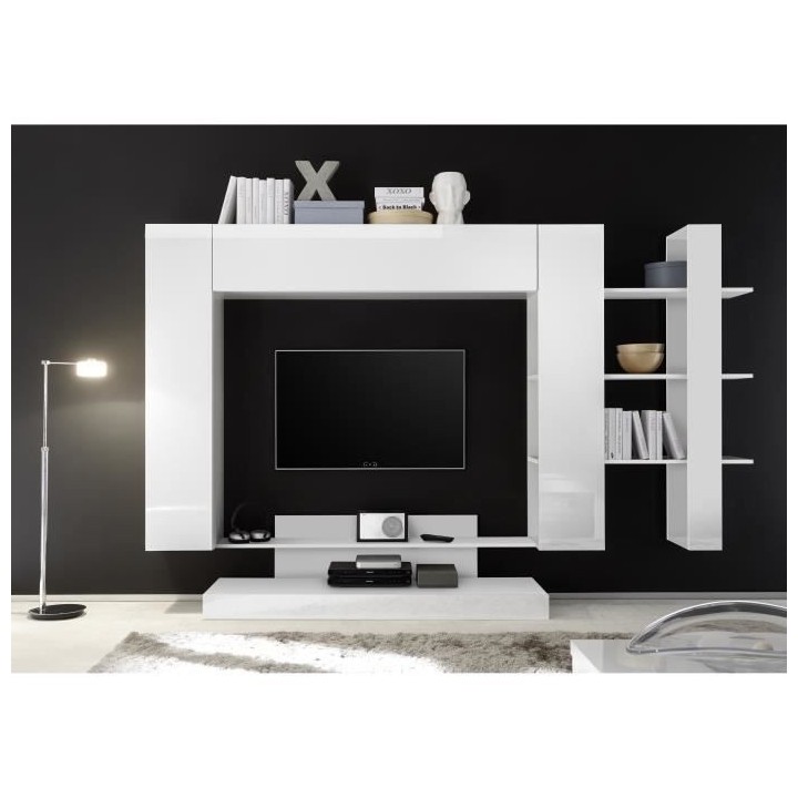 Meuble TV Mural 2 portes - Laqué Noir et Blanc - L 259 x P 42 x H 175