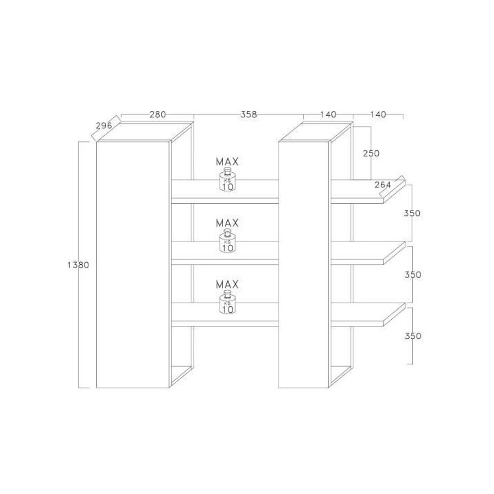 Meuble TV Mural 2 portes - Laqué Noir et Blanc - L 259 x P 42 x H 175