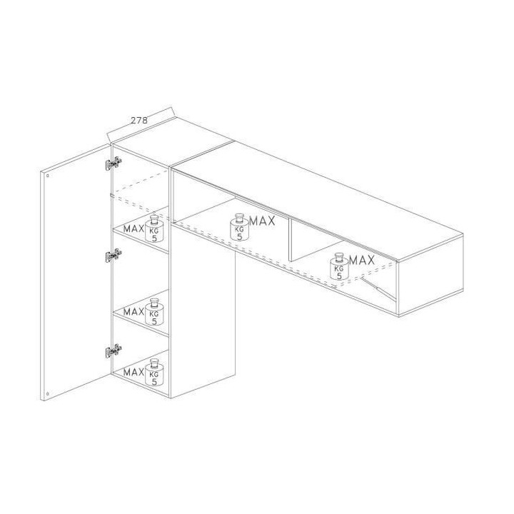 Meuble TV Mural 2 portes - Laqué Noir et Blanc - L 259 x P 42 x H 175