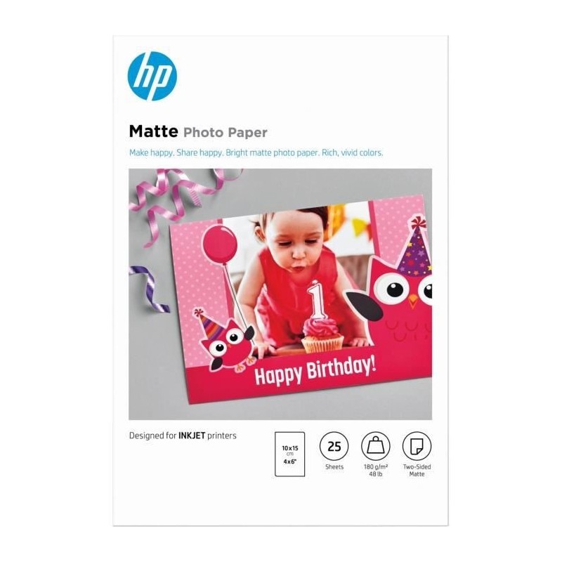 Papier photo mat HP, 180 g/m2, 10 x 15 cm, 25 feuilles (7HF70A)