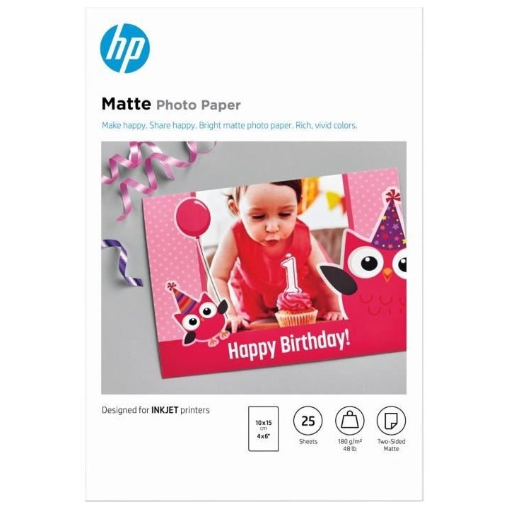 Papier photo mat HP, 180 g/m2, 10 x 15 cm, 25 feuilles (7HF70A)
