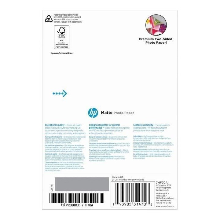 Papier photo mat HP, 180 g/m2, 10 x 15 cm, 25 feuilles (7HF70A)