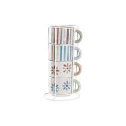 Ensemble de tasses à café DKD Home Decor Rayures Fleurs Métal Grès 150 ml 4 Pièces