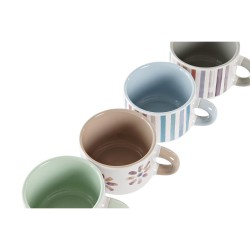 Ensemble de tasses à café DKD Home Decor Rayures Fleurs Métal Grès 150 ml 4 Pièces