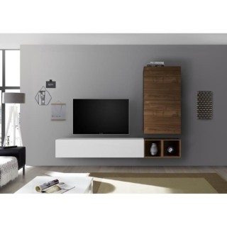 Meuble TV Mural - Décor Noyer foncé et Blanc Laqué - L 193 x P 30 x
