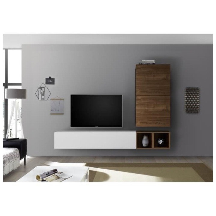 Meuble TV Mural - Décor Noyer foncé et Blanc Laqué - L 193 x P 30 x