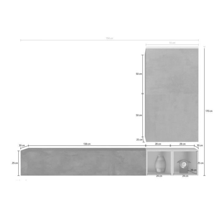 Meuble TV Mural - Décor Noyer foncé et Blanc Laqué - L 193 x P 30 x