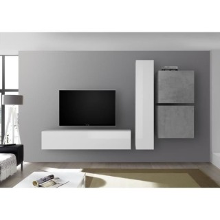 Meuble TV Mural - Ciment et Blanc Laqué - L 260 x P 30 x H 180 cm - C