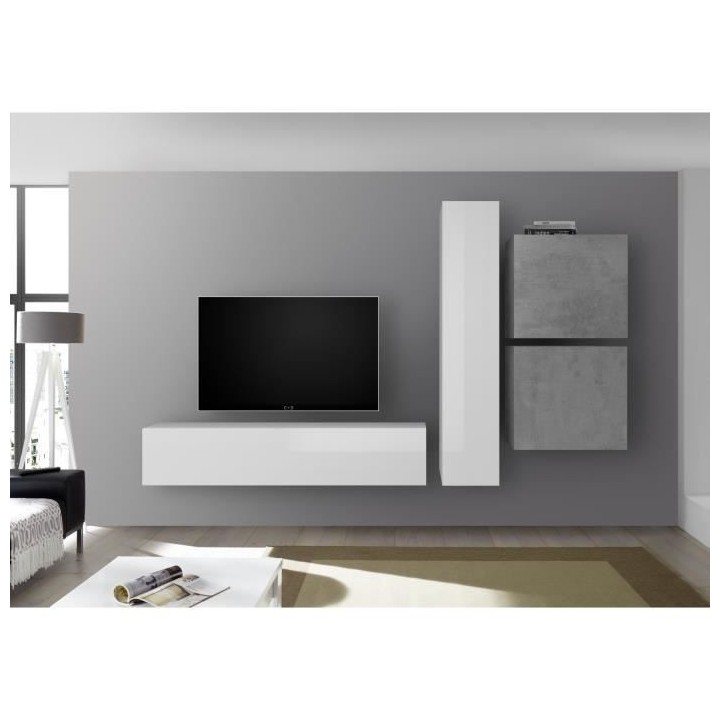 Meuble TV Mural - Ciment et Blanc Laqué - L 260 x P 30 x H 180 cm - C