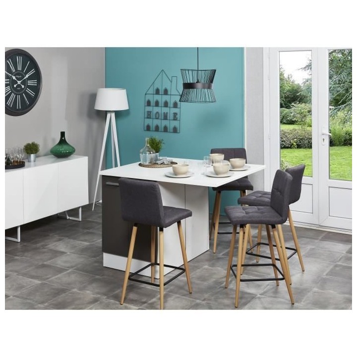 MARCO Lot de 4 Tabourets de bar comptoir de cuisine - Tissu Gris et pi