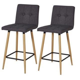 Lot de 2 Tabourets de bar comptoir de cuisine - Tissu Gris et pieds bo