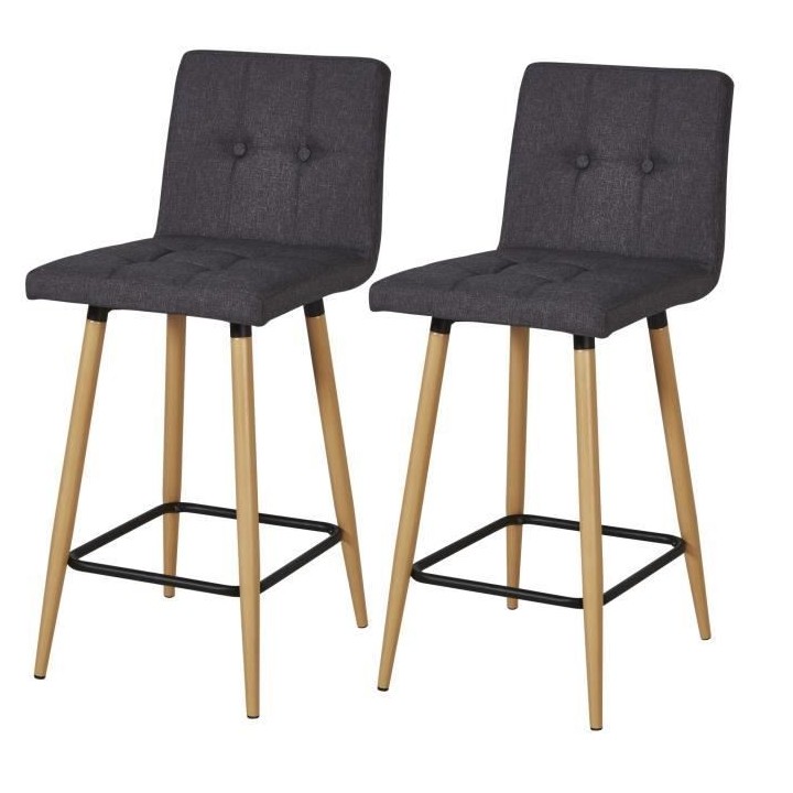 Lot de 2 Tabourets de bar comptoir de cuisine - Tissu Gris et pieds bo