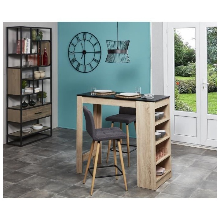 Lot de 2 Tabourets de bar comptoir de cuisine - Tissu Gris et pieds bo