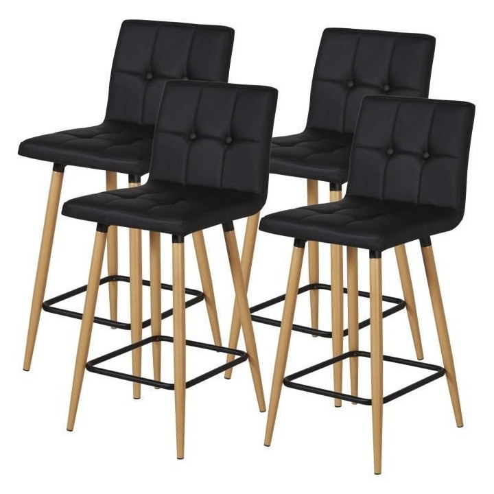 Lot de 4 Tabourets de bar comptoir de cuisine - Simili Noir et pieds b