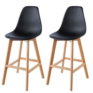 SACHA Lot de 2 Tabourets de bar - Pieds en Hetre - Noir - L 45,5 x P 5