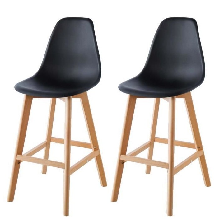 SACHA Lot de 2 Tabourets de bar - Pieds en Hetre - Noir - L 45,5 x P 5