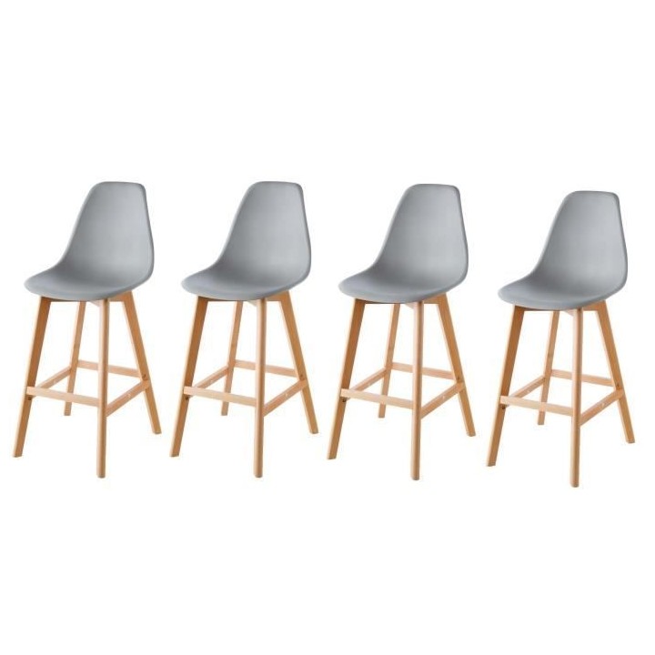 SACHA Lot de 4 Tabourets de bar - Pieds en Hetre - Gris - L 45,5 x P 5