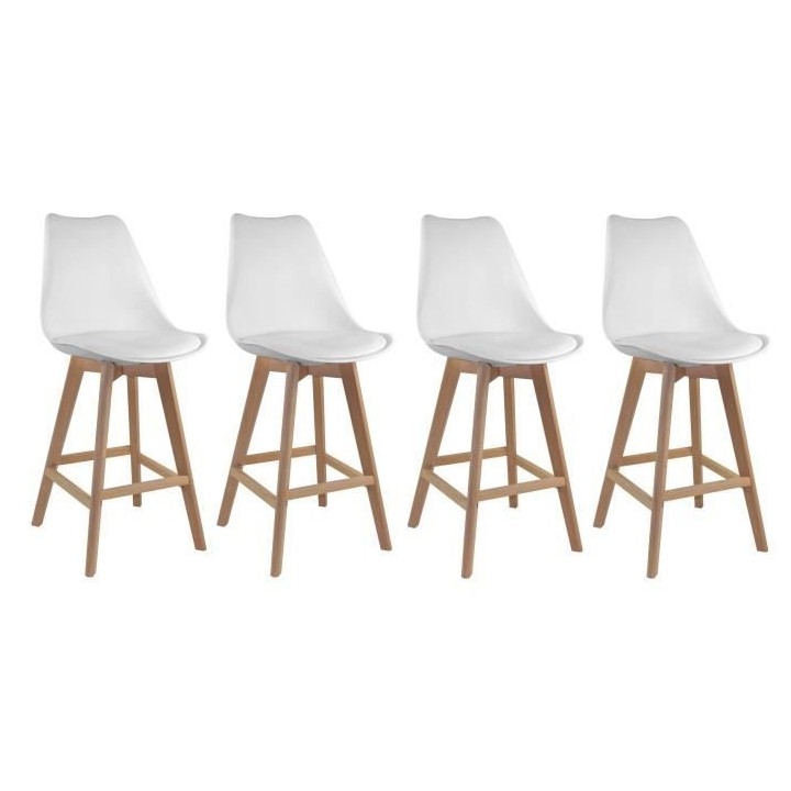 BJORN Lot de 4 Tabourets de bar - Pieds en Hetre - Simili blanc - L 49