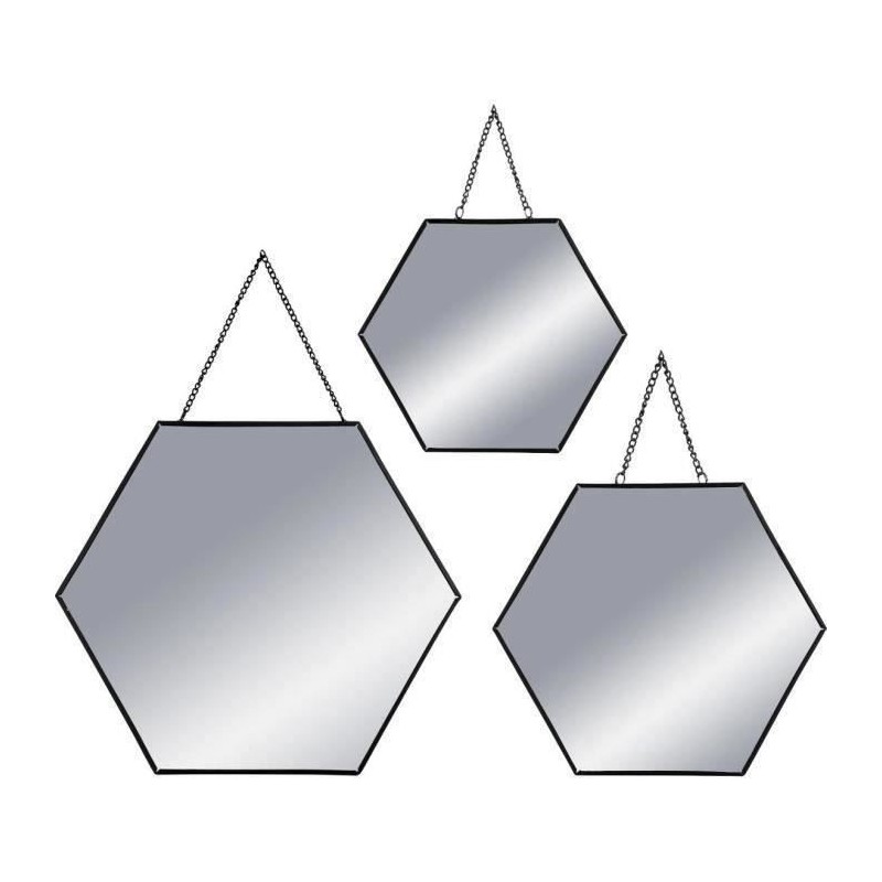 Set de 3 Miroirs hexagonaux a suspendre en métal - Noir