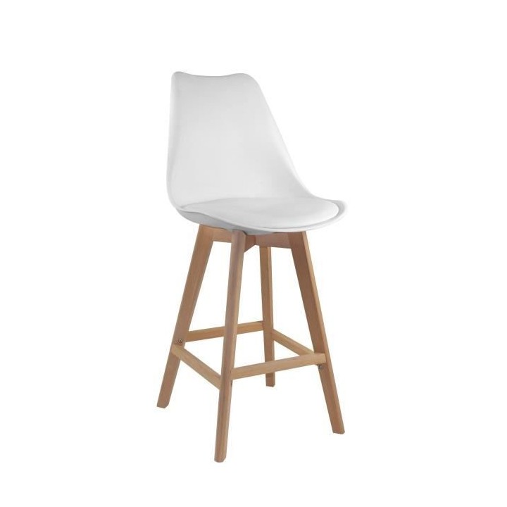 BJORN Lot de 4 Tabourets de bar - Pieds en Hetre - Simili blanc - L 49