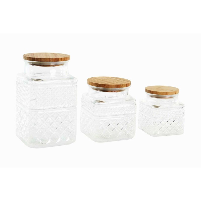 Set de 3 Boites DKD Home Decor Verre Naturel Transparent Bambou 12 x 12 x 20 cm