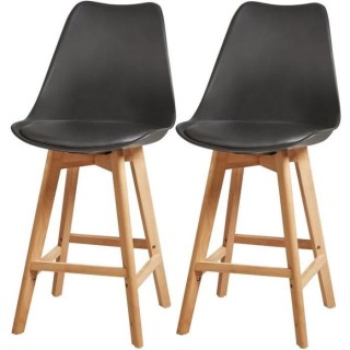 Tabourets de bar - Pieds en bois hetre massif, revetement simili noir