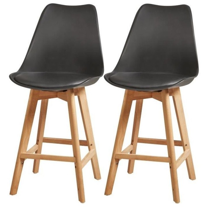 Tabourets de bar - Pieds en bois hetre massif, revetement simili noir