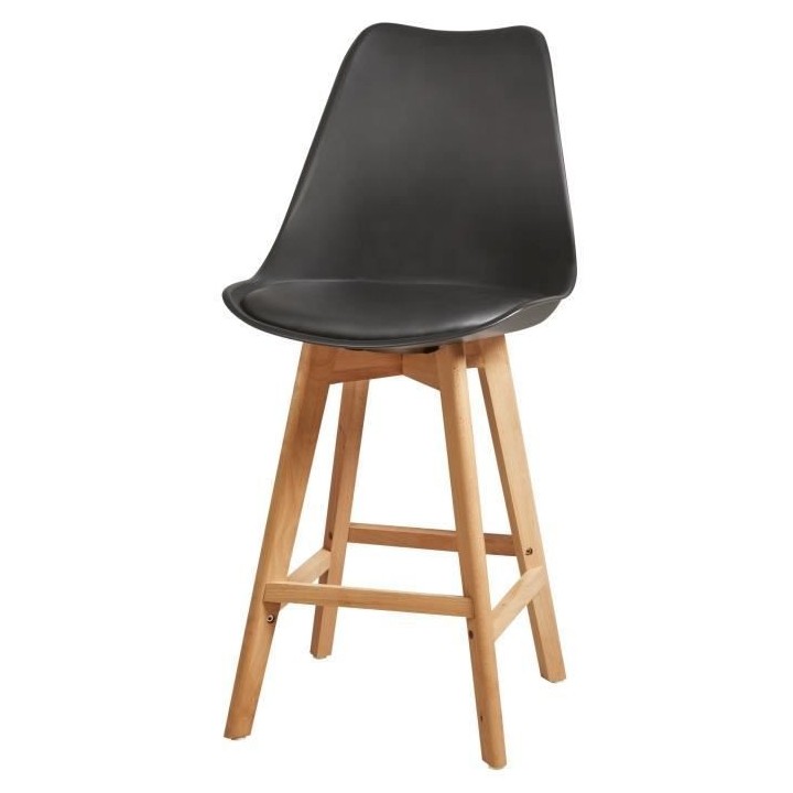 Tabourets de bar - Pieds en bois hetre massif, revetement simili noir