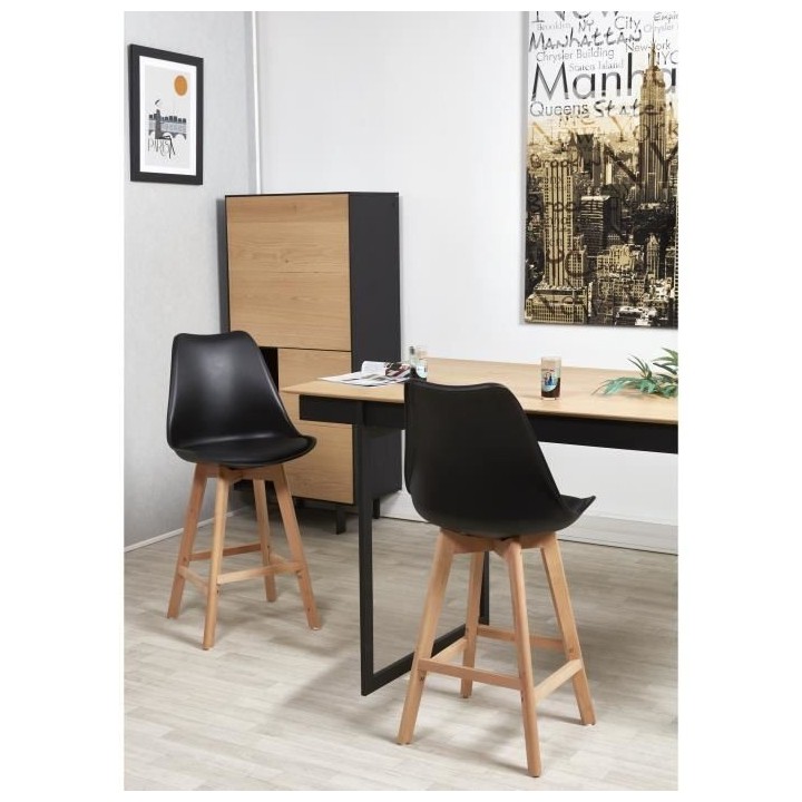 Tabourets de bar - Pieds en bois hetre massif, revetement simili noir