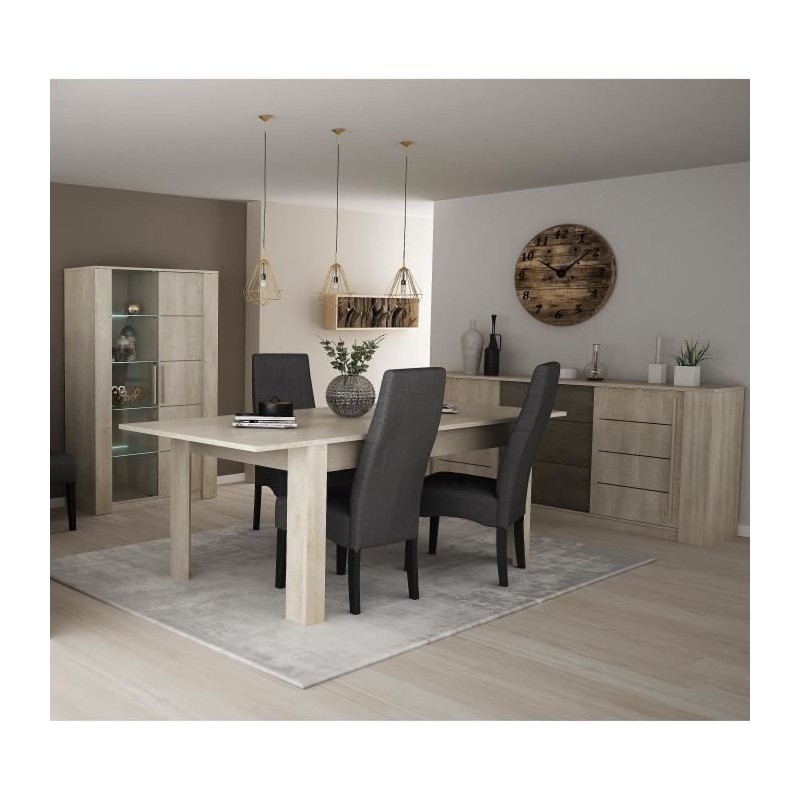 DEMEYERE Ensemble Séjour Table a manger 170 cm + Enfilade 2 portes + Vitrine 1 porte vitrée - Décor Chene/Béton clair - ANTI