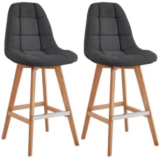 Lot de 2 tabourets de bar - Tissu gris - Pied bois hetre massif nature