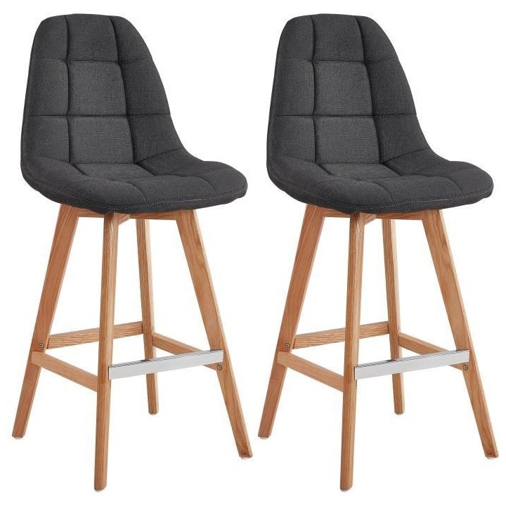 Lot de 2 tabourets de bar - Tissu gris - Pied bois hetre massif nature