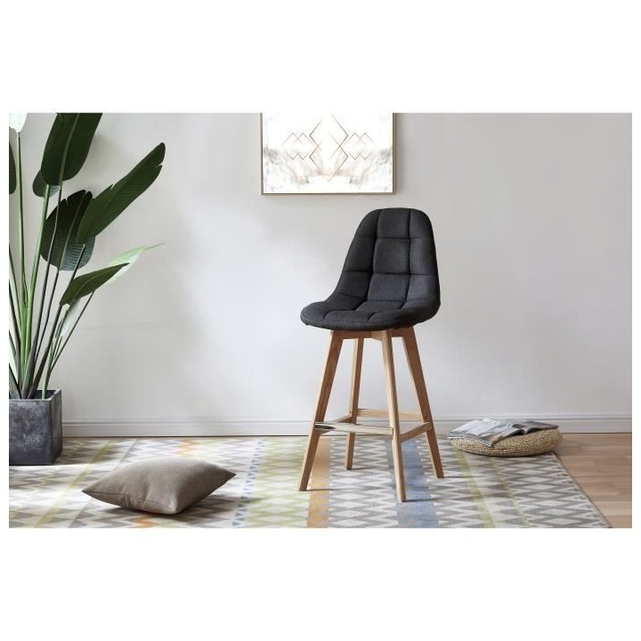 Lot de 2 tabourets de bar - Tissu gris - Pied bois hetre massif nature