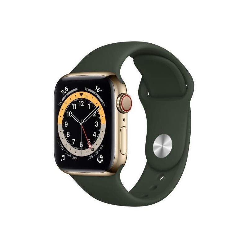 Apple Watch Series 6 GPS + Cellular, 40mm Boîtier en Acier Inoxidable Or avec Bracelet Sport Vert de Chypre