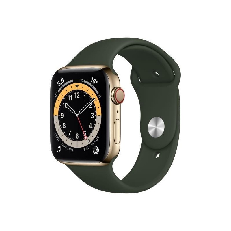 Apple Watch Series 6 GPS + Cellular, 44mm Boîtier en Acier Inoxidable Or avec Bracelet Sport Vert de Chypre