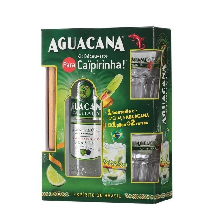 Coffret Caipirinha - Cachaça Aguacana + 1 pilon + 2 verres - 37,5%vol