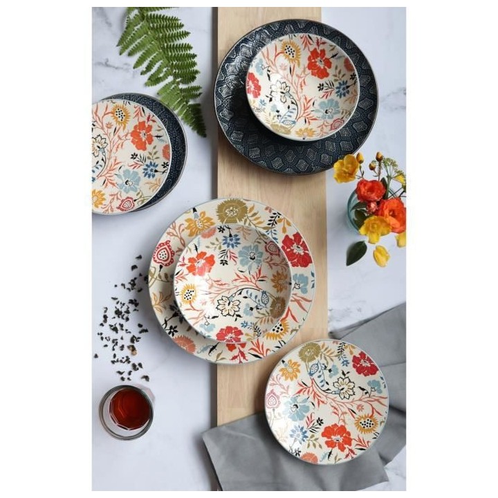 NOVASTYL - Jaipur - Lot de 6 Assiettes creuses - Ø19 cm - Gres - Déc