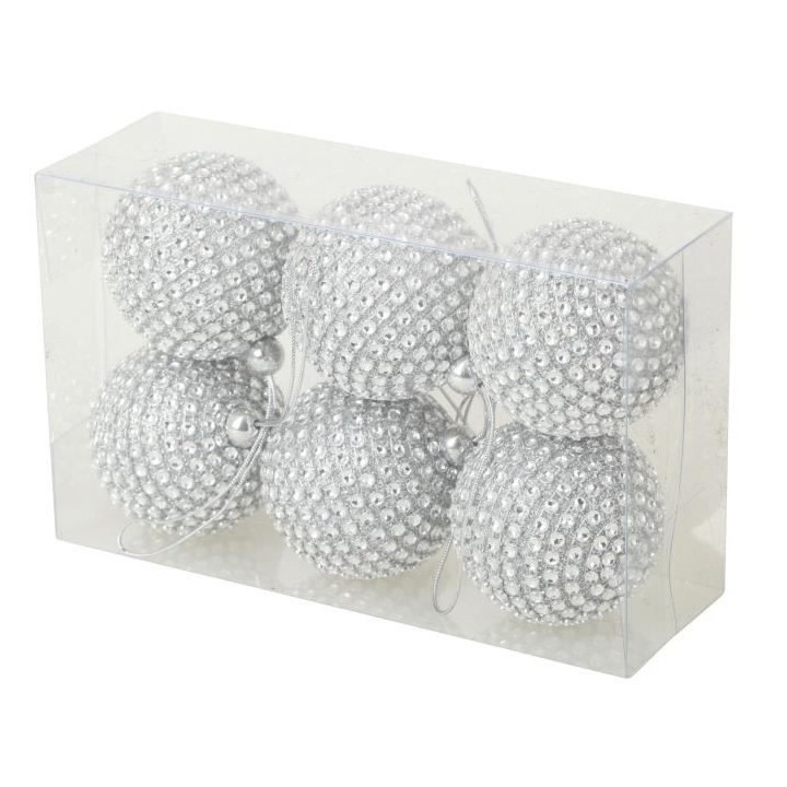 Set de 6 boules de Noël rondes décorées - Ø 6 cm - Argent
