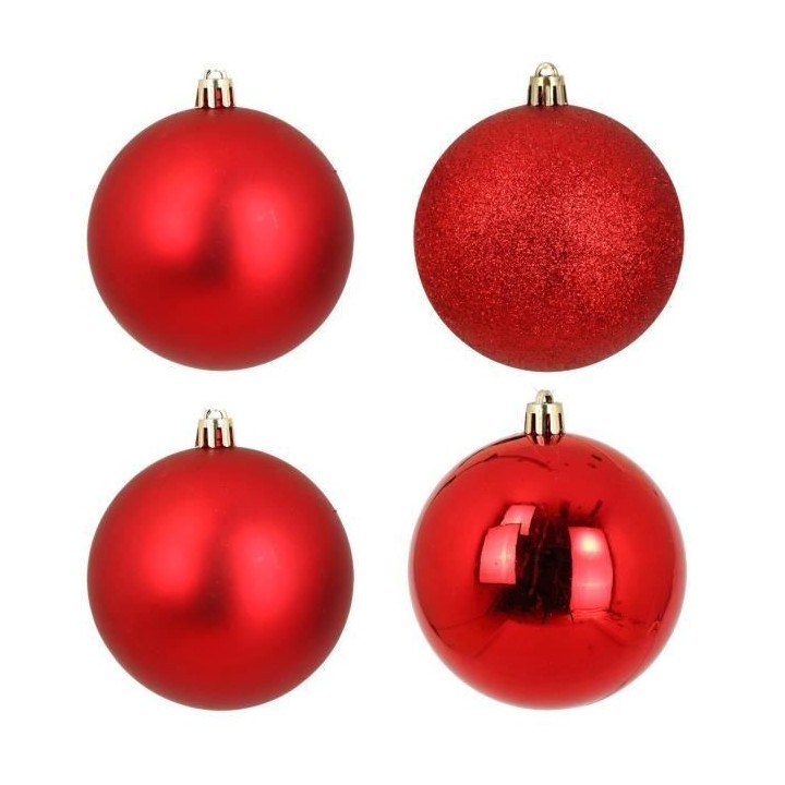 Lot de 4 Boules de Noël 3 finitions assorties Rouge