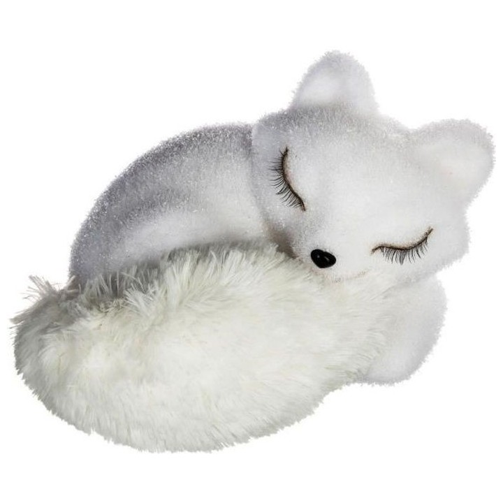 Décoration a poser - Renard Blanc endormi avec queue en fourrure