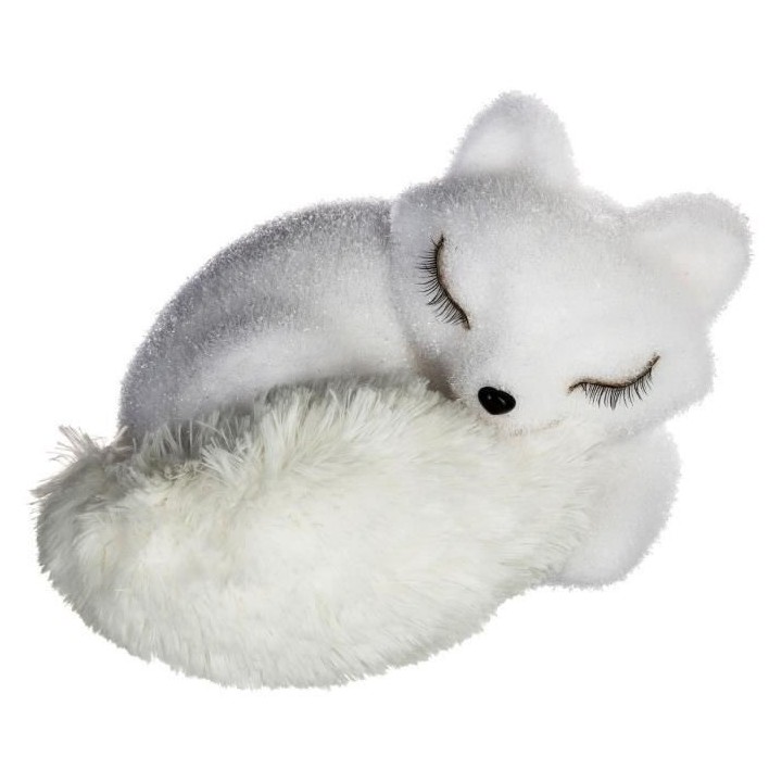Décoration a poser - Renard Blanc endormi avec queue en fourrure