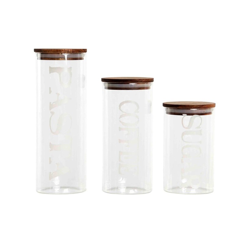 Set de 3 Boites DKD Home Decor 10,2 x 10,2 x 27,7 cm Naturel Transparent Acacia Lettres Verre Borosilicaté