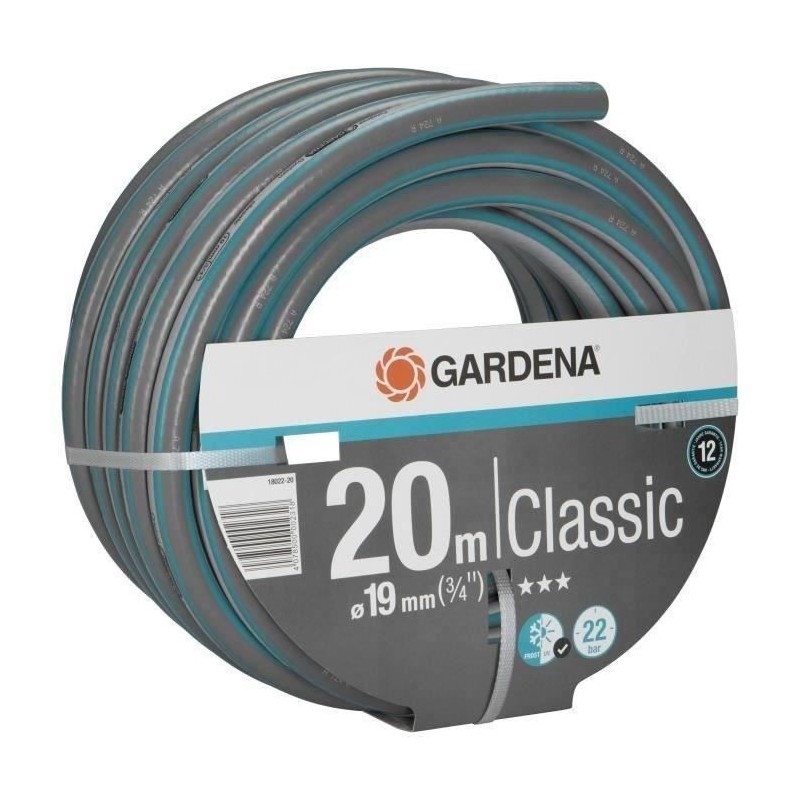 GARDENA Tuyau d'arrosage Classic – Longueur 20m – Ø19mm – Haute résistance pression 22 bar maximum – Garantie 12 ans (