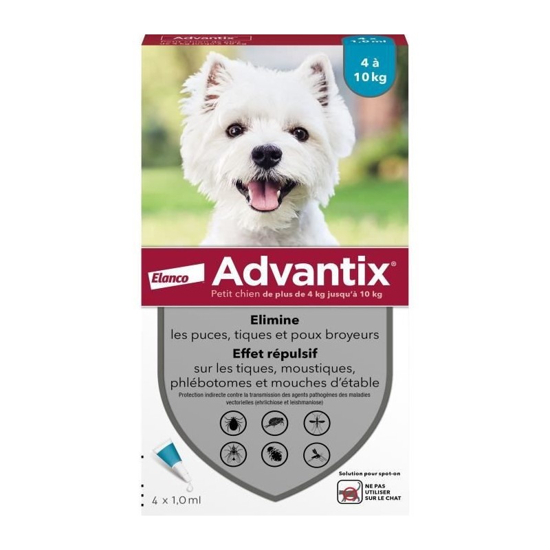 Advantix Chien Solution Antiparasitaire Petite Race 4 a 10kg 4 pipettes