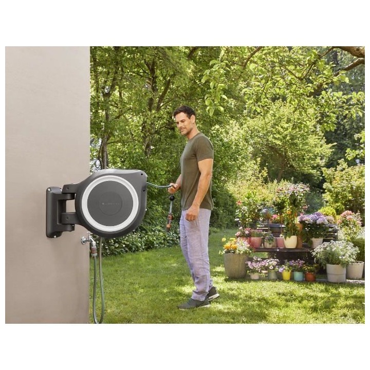 GARDENA Dévidoir automatique mural RollUp M/L liseret blanc – Longu