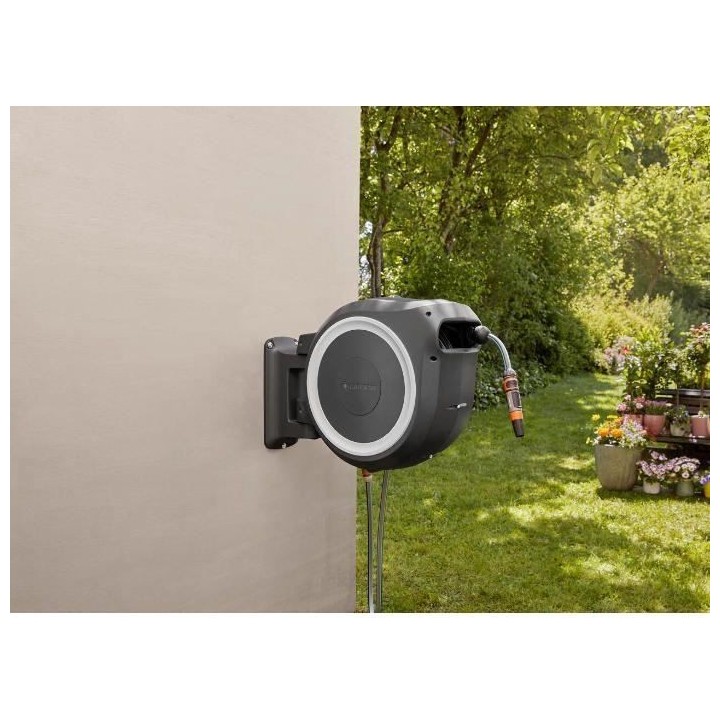 GARDENA Dévidoir automatique mural RollUp M/L liseret blanc – Longu