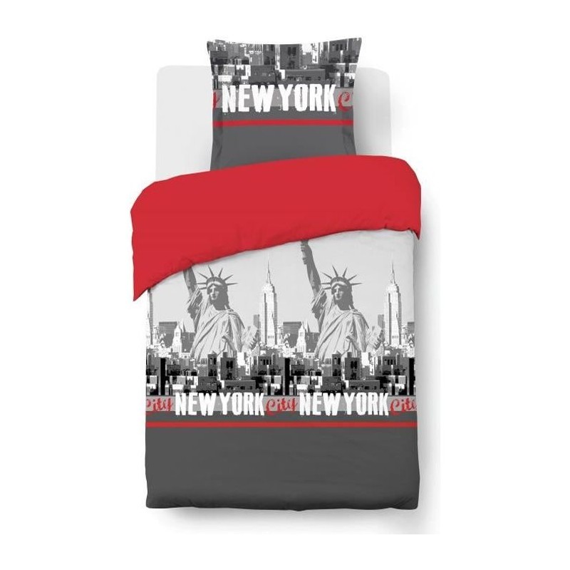 VISION Parure de couette New York - 100% coton - 1 housse de couette 140 x 200 cm + 1 taie d'oreiller 65 x 65 cm - Rouge et gris