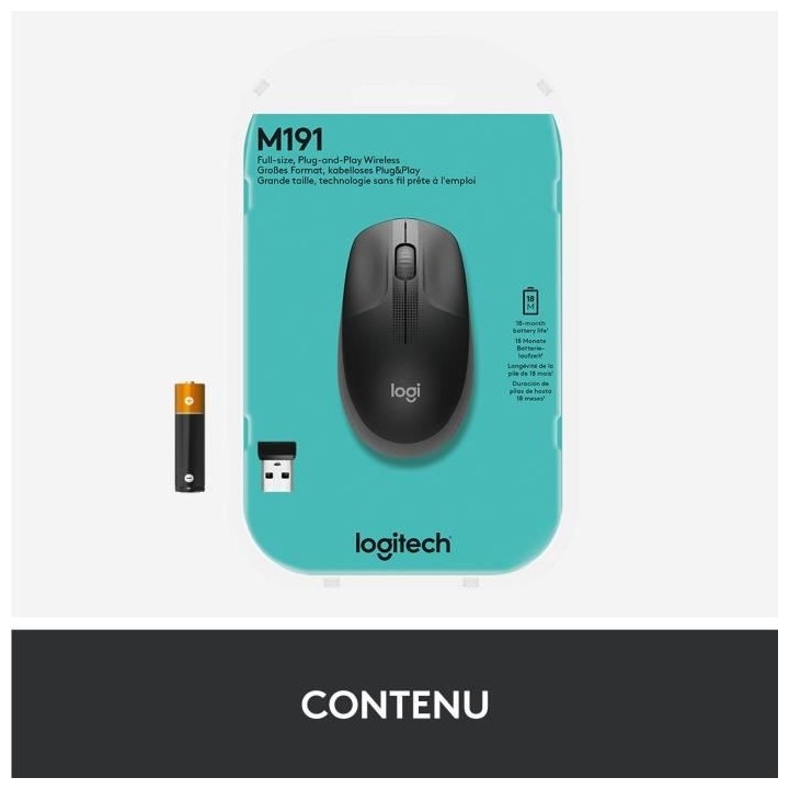 Souris sans fil - Logitech - M190 ergonomique - Gris