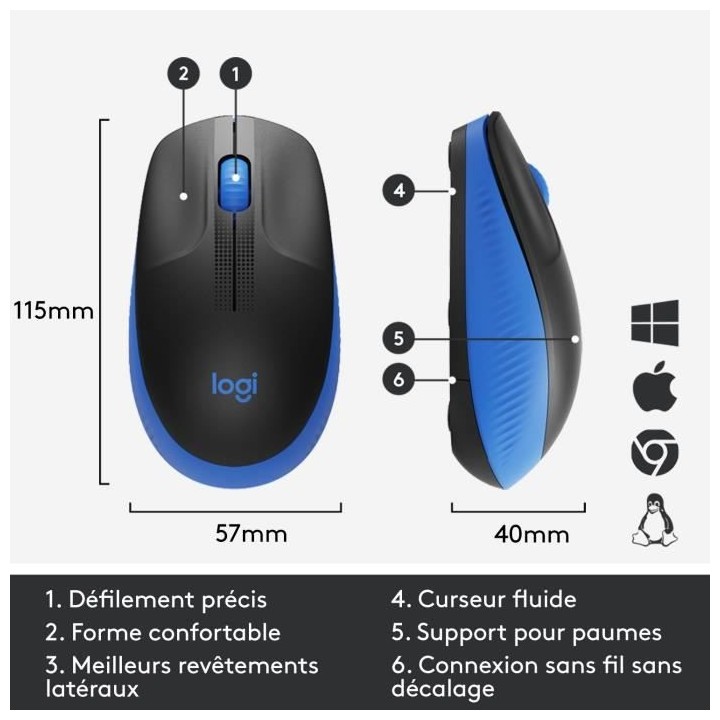 Souris sans fil - Logitech - M190 ergonomique - Bleu